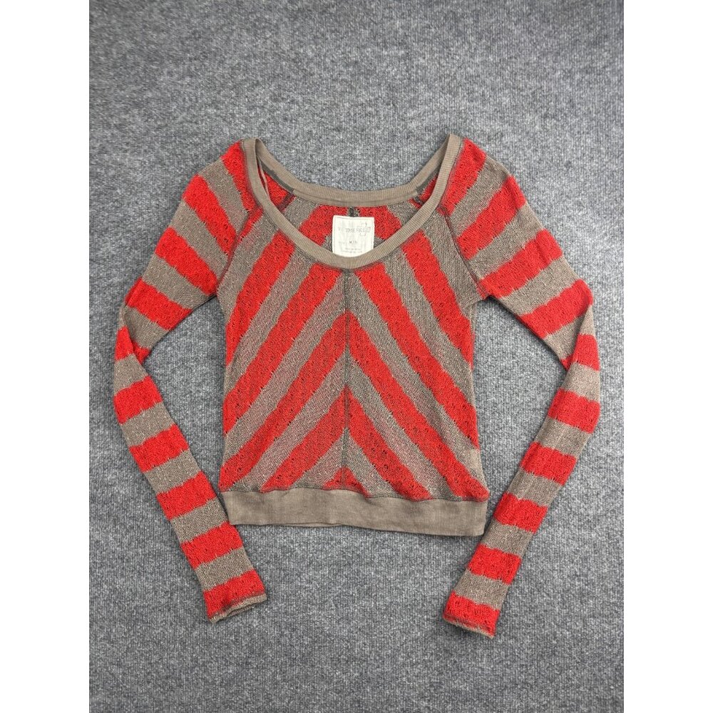 We The Free Sweater Womens‎ Medium Brown Red Striped Crochet Knit Pullover Boho